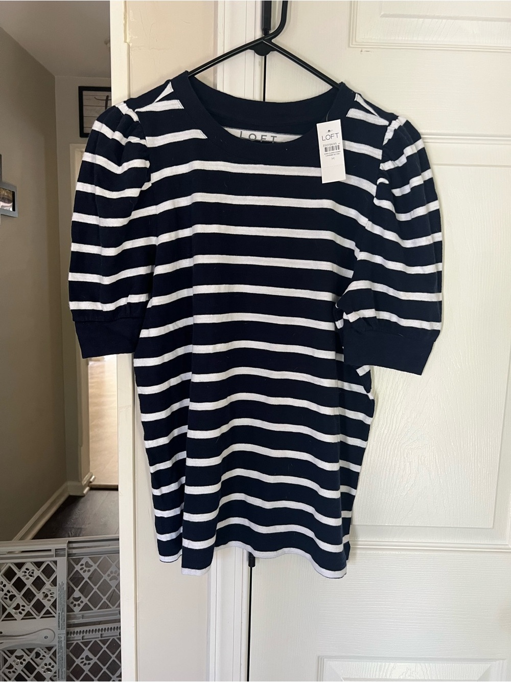 LOFT Navy & White Striped Puff Sleeve Top Women NWT Size Medium